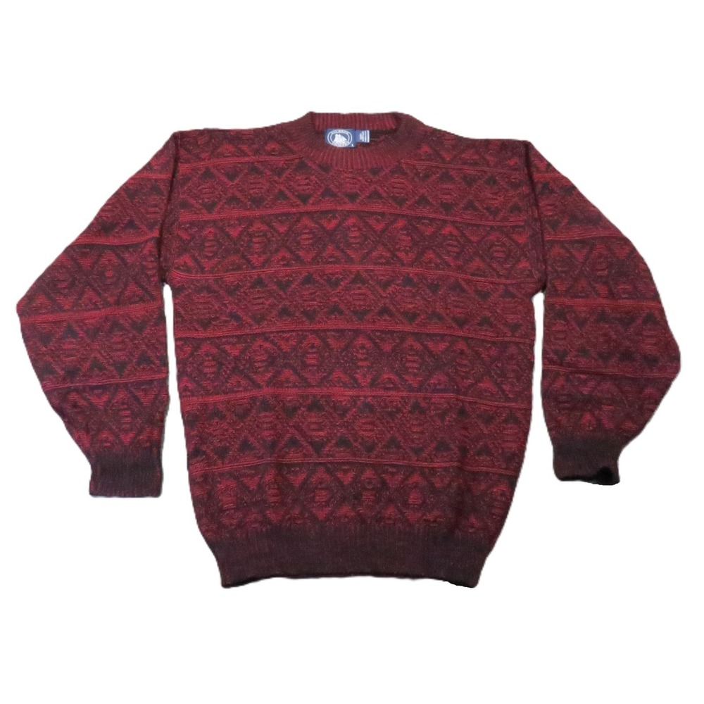 Atlantic Traders Sweater Mens L Red Black Geometric Knit Crewneck Vintage Cabin
